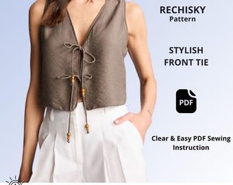 Front Tie Top Sewing Pattern PDF, Sleeveless Summer Blouse Pattern, Tie Front Crop Top, Loose Fit Top, XXS-XXXL, A4US Letter A0