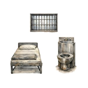 Puede incluir: Ilustración en acuarela de una escena de celda de prisión. Incluye una ventana enrejada, una cama de metal con ropa de cama y un inodoro y lavabo. La obra de arte está en tonos grises y blancos.