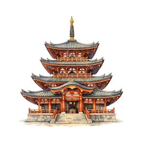 May include: A watercolour illustration of a traditional Japanese pagoda. The multi-tiered structure has a red and orange wooden frame with grey tiled roofs. A golden spire tops the building, and a stone staircase leads to the entrance.