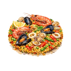 May include: Watercolor illustration of paella, a Spanish rice dish. The dish features shrimp, mussels, clams, squid, and a lemon wedge, all arranged on a bed of yellow rice with vegetables. The image is set against a white background.