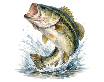 20 Jumping Bass Clipart – Delightful Watercolor Collection, Png Graphics For Card Making, Scrapbooking And Digital Projects, Commercial Use