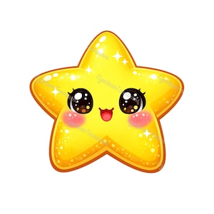 May include: A cartoon illustration of a smiling yellow star with large, expressive eyes, rosy cheeks, and a small, open mouth. The star has a golden outline and sparkles.
