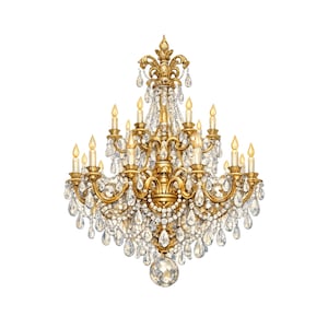 Puede incluir: Ilustración detallada de una lámpara de araña dorada con múltiples niveles, adornada con gotas de cristal y luces en forma de vela. La lámpara ornamentada tiene un diseño clásico y elegante, ideal para la decoración del hogar.