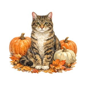 Puede incluir: Ilustración en acuarela de un gato atigrado sentado entre calabazas y hojas de otoño. El gato tiene rayas marrones y negras, ojos verdes y pecho blanco. Dos calabazas naranjas y una calabaza blanca están detrás del gato. Tema otoñal.