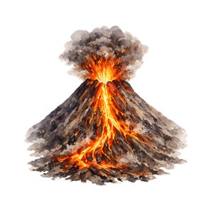 Può includere: Illustrazione ad acquerello di un vulcano in eruzione. Il vulcano è raffigurato con un cono grigio scuro e marrone, con lava arancione brillante che scorre lungo i suoi lati. Una grande nuvola di fumo grigio si sprigiona dalla cima, creando una scena drammatica.