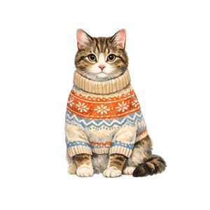 May include: A watercolor illustration of a tabby cat wearing a cozy sweater. The sweater features a cream-colored turtleneck and a pattern of orange flowers and blue zigzags on a white background. The cat has green eyes and is sitting upright.