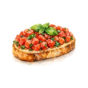 Puede incluir: Ilustración en acuarela de bruschetta, un aperitivo italiano clásico. El pan tostado está cubierto con tomates rojos cortados en cubitos, albahaca fresca y un chorrito de aceite de oliva. Una ramita de albahaca se encuentra encima de los tomates. La imagen está sobre un fondo blanco.