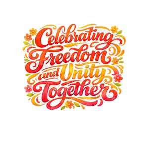 May include: A watercolor design with the words "Celebrating Freedom and Unity Together" in vibrant red, orange, and yellow script. The design is adorned with small orange flowers and green leaves, set against a white background.