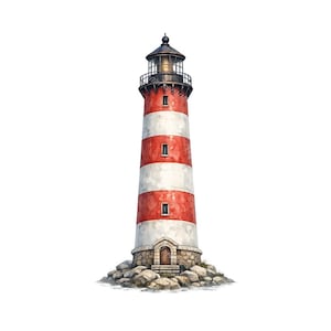 May include: Watercolor illustration of a lighthouse with red and white stripes. The lighthouse has a black lantern room and is set on a rocky base. The lighthouse has a small wooden door and windows. The image is set against a white background.