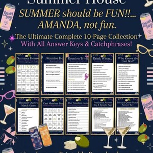 May include: A navy blue printable party game collection with the text "Summer House" and "SUMMER should be FUN!!... AMANDA, not fun." Includes bingo, trivia, and other games. Features martini glasses, olives, and cans.