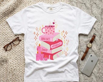 Stack of Pink Books with Mug T-shirt | Romance Fantasy Smut Illustration
