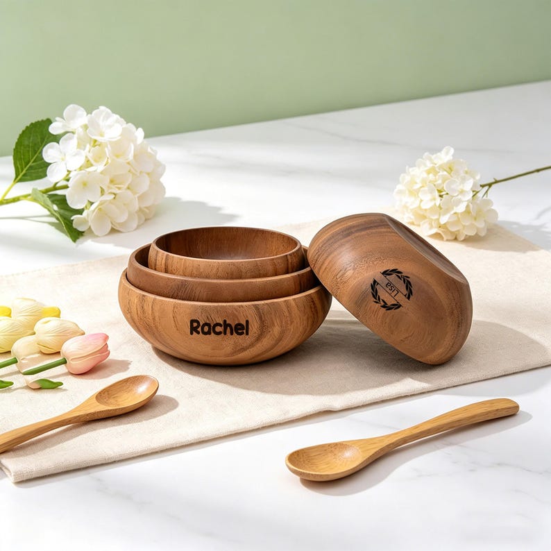 May include: A set of three wooden bowls, one with the name "Rachel" engraved, and a wooden lid. Two wooden spoons are also present. The bowls and spoons are made of a light brown wood. White flowers and a white cloth are in the background.