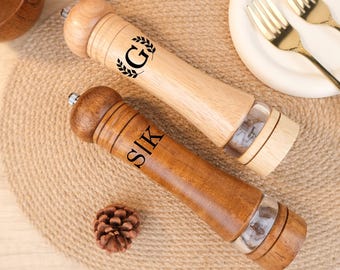 Customizable Wooden Pepper Mill Set - Personalized Handcrafted Salt, Pepper Grinder with Acacia Wood & Acrylic Window, Kitchen Utensil Gift