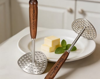Custom Walnut Wood Potato Masher, Heavy Duty Stainless Steel Vegetable Masher, Ergonomic Cooking Utensil, Modern Farmhouse Kitchen Gadget
