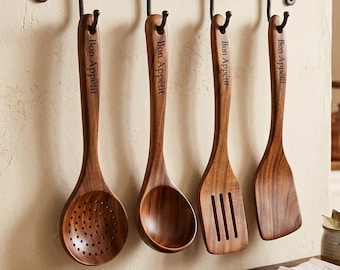 Personalized Acacia Wooden Utensil Set Custom Engraved Cooking Spoon Set with Holder Housewarming Gift for Mom Wedding Bridal Shower Gift