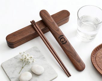 Personalized Black Walnut Chopsticks Set with Case, Custom Sushi Chopsticks, Engraved Wooden Utensils, Wedding Housewarming Gift