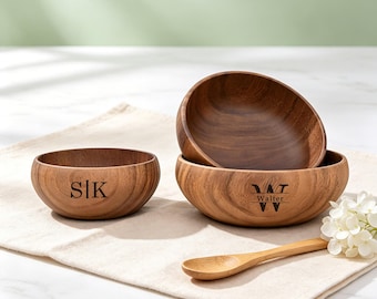 Personalized Salad Bowl | Custom Engraved  Acacia Wood Serving Bowl | Monogram Name Fruit Bowl, Housewarming & Wedding Gift
