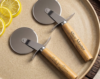 Custom Engraved Pizza Cutter Wheel Stainless Steel Acacia Wood Pizza Slicer Personalized Kitchen Gift Housewarming Pizza Lover Wedding Gift
