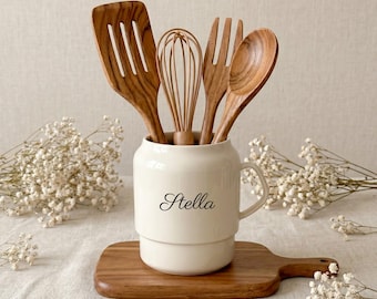 Personalized Cream White Utensil Holder, Custom Printed ABS Kitchen Utensil Crock with Handle, Kitchen Storage Organizer, Housewarming Gift
