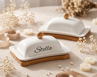 Personalized Ceramic Butter Dish with Wooden Base, Custom Covered Butter Keeper, Wedding Gift, Housewarming Gift, Minimalist Kitchen Decor