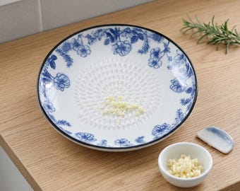 Blue Floral Ceramic Garlic Grater Plate, Handmade Ceramic Garlic Grater
