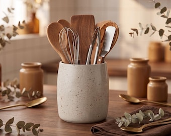 Personalized Ceramic Utensil Holder, Custom Kitchen Crock, Minimalist Spoon Organizer, Housewarming Gift, Speckled Cooking Tool Caddy