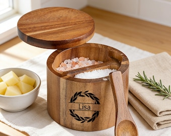 Personalized Acacia Wood Salt Cellar with Magnetic Swivel Lid, Custom Engraved Spice Jar with Spoon, Stackable Seasoning Container