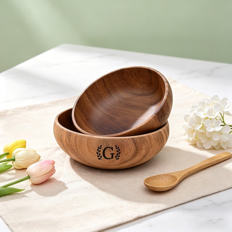 May include: Two wooden bowls stacked, with a wooden spoon. The bottom bowl features the letter "G" within a laurel wreath. The bowls rest on a beige placemat, with flowers in the background. The bowls are made of wood.