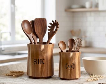 Personalized Acacia Wood Rotating Utensil Holder | Custom Engraved Wooden Utensil Organizer | Farmhouse Kitchen Decor | Housewarming Gift