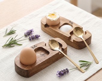 Personalized Solid Wood Egg Cup Tray | Custom Engraved Breakfast Egg Holder | 2-in-1 Egg Plate with Salt Cellar | Rustic Kitchen Decor