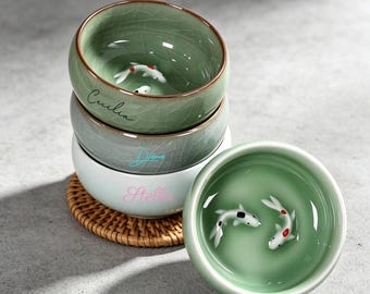 Personalized Crackle Glaze Koi Fish Soy Sauce Dish | Handcrafted Celadon Ceramic Sushi Dipping Bowl | Food-Safe Condiment Dish Gift