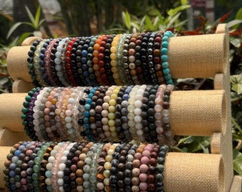 Natural Gemstone Beaded Bracelet | 4mm 6mm 8mm Adjustable Boho Stackable Jewelry