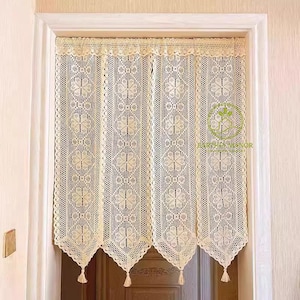 Cortina Puerta Boho Encaje Ganchillo, Cenefa Media Vintage, Partición Entrada Cocina, Drapeado Privacidad Borlas
