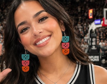 Antonio Papel Picado Basketball Earrings, Teal Pink Orange Papel Picado Acrylic Earrings, Game Day Dangle Jewelry, Fan Outfit Earrings