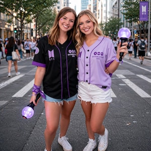 May include: Two women wearing black and purple and light purple baseball jerseys with the text "BTS WORLD TOUR 2020". They are holding light-up wands and wearing wristbands. The jerseys have the BTS logo on them.