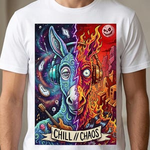 May include: White t-shirt featuring a split-face donkey design. One side is calm with headphones, the other fiery. The design includes a guitar, musical notes, and the text "CHILL // CHAOS".