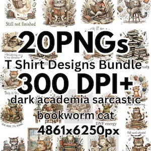 Grumpy Cat Bookworm PNG Bundle, Dark Academia Reader Clipart, Funny Reading Humor (20 Files)