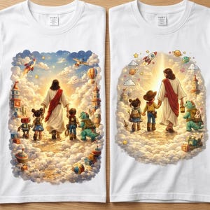 May include: Two white t-shirts with colorful illustrations. One shows a figure in a white robe leading children through a cloudy sky with toys and a rocket ship. The other shirt has a similar design with a different background and children.