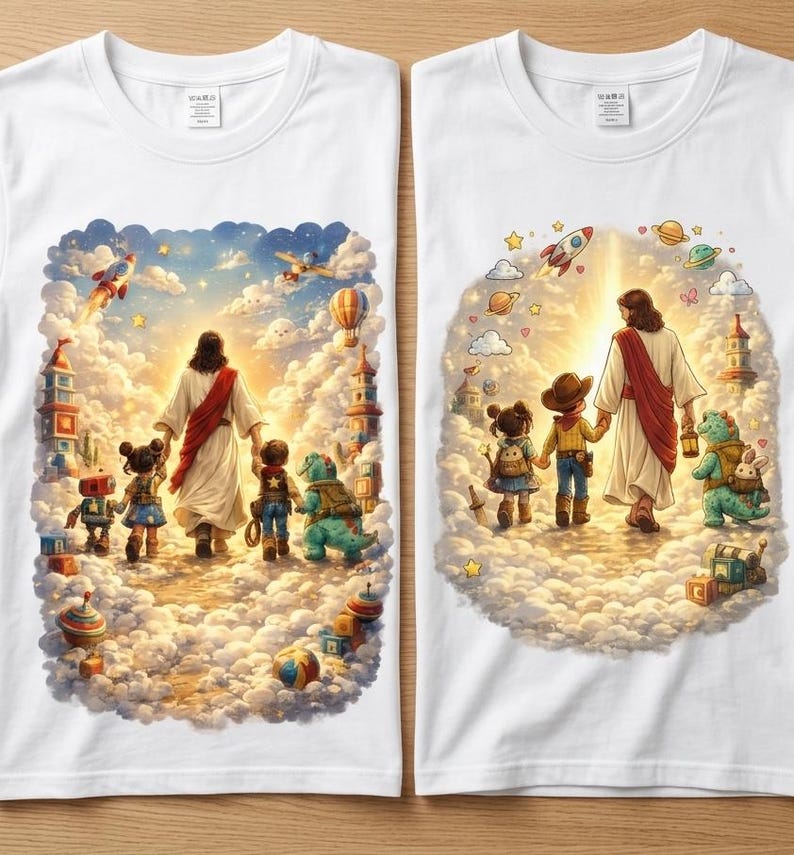May include: Two white t-shirts with colorful illustrations. One shows a figure in a white robe leading children through a cloudy sky with toys and a rocket ship. The other shirt has a similar design with a different background and children.