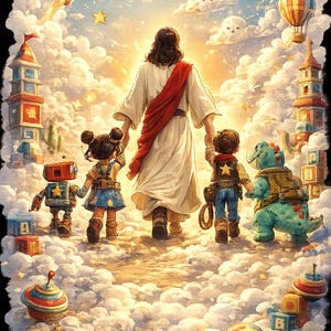 May include: An illustrated image depicts a figure in white robes and a red sash leading children through a cloudscape. The children are accompanied by toy-like figures, including a robot and a dinosaur. A rocket, airplane, and hot air balloon float in the sky.