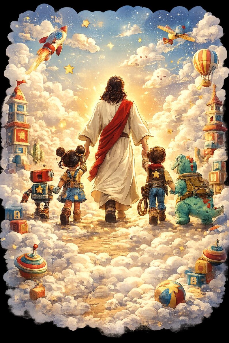 May include: An illustrated image depicts a figure in white robes and a red sash leading children through a cloudscape. The children are accompanied by toy-like figures, including a robot and a dinosaur. A rocket, airplane, and hot air balloon float in the sky.