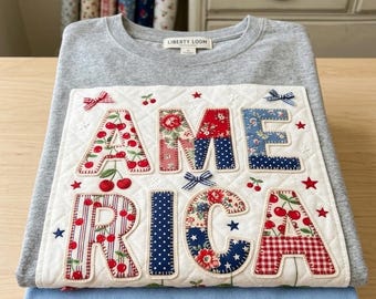 America Quilted Applique PNG, Patriotic Cherry Gingham (Digital Download)