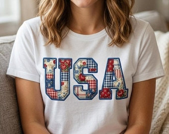 USA Varsity Patchwork Sublimation Design, Floral Fourth of July Graphic (Digital Download)