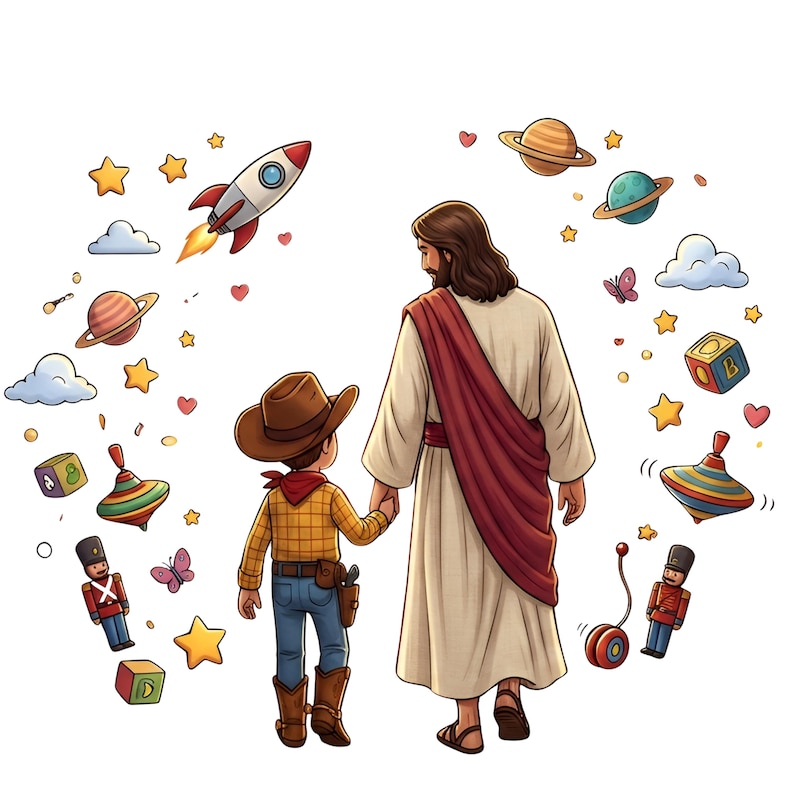May include: A digital illustration depicts a figure in a white robe and red sash holding hands with a child dressed as a cowboy. The image is surrounded by toys, stars, planets, and a rocket ship, all set against a white background.