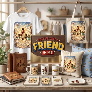 May include: A collection of religious-themed merchandise featuring a central image of a figure leading children. Items include a white t-shirt, tote bag, mugs, pillows, notebooks, phone cases, and a decorative sign that reads "YOU'VE GOT A FRIEND IN ME."