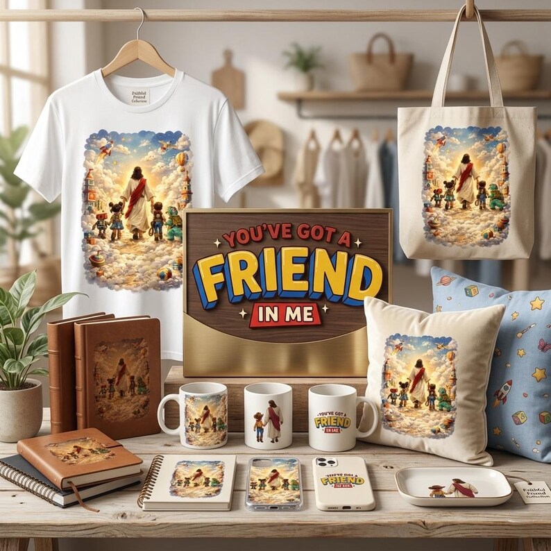 May include: A collection of religious-themed merchandise featuring a central image of a figure leading children. Items include a white t-shirt, tote bag, mugs, pillows, notebooks, phone cases, and a decorative sign that reads "YOU'VE GOT A FRIEND IN ME."