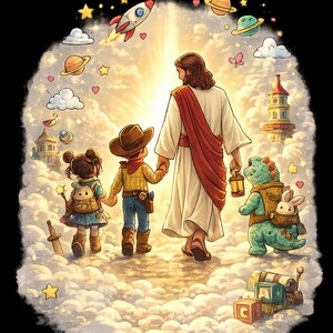 May include: An illustrated image depicts Jesus leading two children, one in a cowboy hat, through a heavenly scene. A green dinosaur with a backpack and a toy rabbit are also present. The background features planets, stars, a rocket, and a castle.