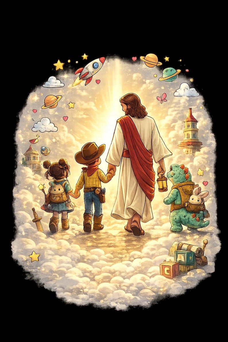 May include: An illustrated image depicts Jesus leading two children, one in a cowboy hat, through a heavenly scene. A green dinosaur with a backpack and a toy rabbit are also present. The background features planets, stars, a rocket, and a castle.