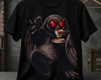 Mothman Coffee PNG Shirt Design: Retro Gothic Cryptid Art (Digital Download)