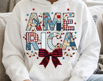 Patchwork America PNG, Patriotic Bow, 4th of July Floral Design (Digital Download)